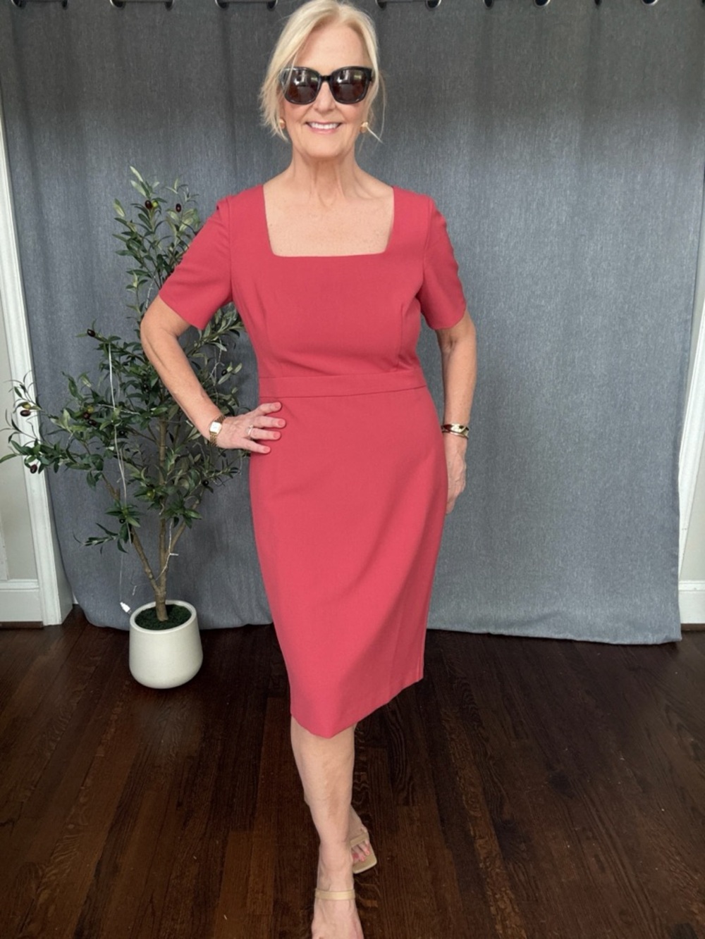 Ann Taylor Soft Coral Rose Square-Neck Midi Sheath Dress Size 14